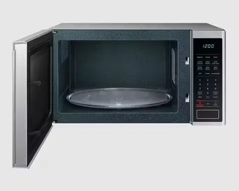Sleek, stainless steel Samsung 40L Grill Microwave Oven with open door showcasing a turntable and interior grill element.