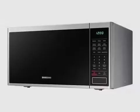 Sleek, stainless steel Samsung 40L Grill Microwave Oven with open door showcasing a turntable and interior grill element.