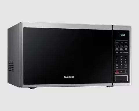 Sleek, stainless steel Samsung 40L Grill Microwave Oven with open door showcasing a turntable and interior grill element.