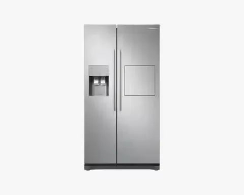 A sleek, stainless steel Samsung 501L Side-by-Side Refrigerator with Water Dispenser (RS50N3913SA/EU) featuring modern design, spacious compartments, and built-in water dispenser.