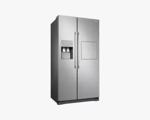 A sleek, stainless steel Samsung 501L Side-by-Side Refrigerator with Water Dispenser (RS50N3913SA/EU) featuring modern design, spacious compartments, and built-in water dispenser.