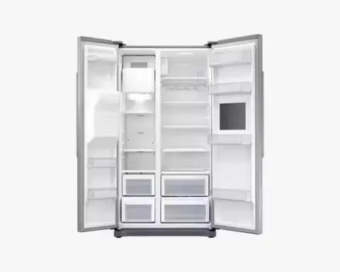 A sleek, stainless steel Samsung 501L Side-by-Side Refrigerator with Water Dispenser (RS50N3913SA/EU) featuring modern design, spacious compartments, and built-in water dispenser.