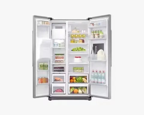 A sleek, stainless steel Samsung 501L Side-by-Side Refrigerator with Water Dispenser (RS50N3913SA/EU) featuring modern design, spacious compartments, and built-in water dispenser.