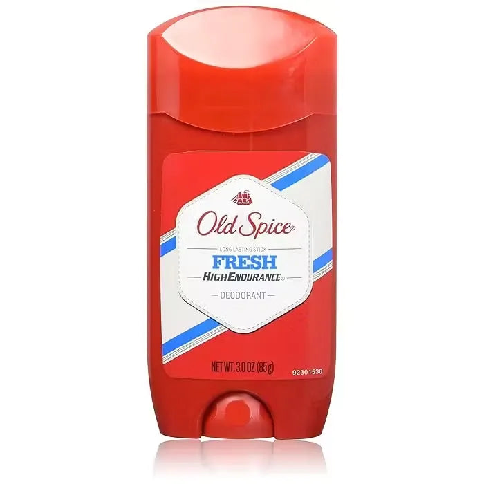Close-up photo of Old Spice Fresh Deodorant stick (85g) with blue and green design. Features a man enjoying a refreshing moment after a workout.
