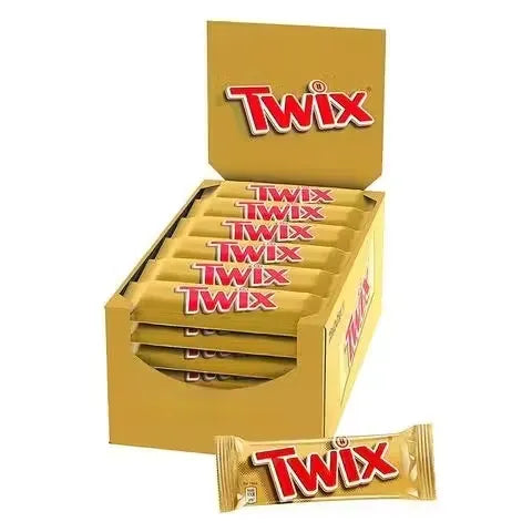 Box of 25 Mars Twix chocolate bars (50g each), showcasing the iconic caramel, chocolate, and biscuit layers.