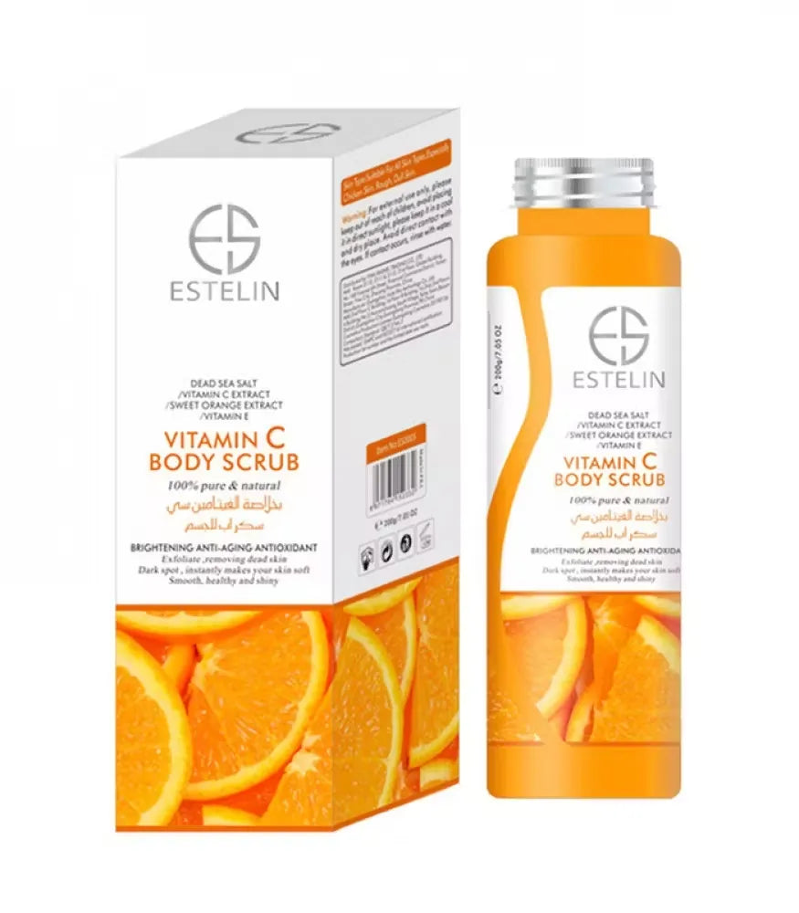 Close-up photo of Estelin ES0005 Vitamin C Body Scrub container with orange accents. Scrub being scooped out, revealing orange sugar-like texture.