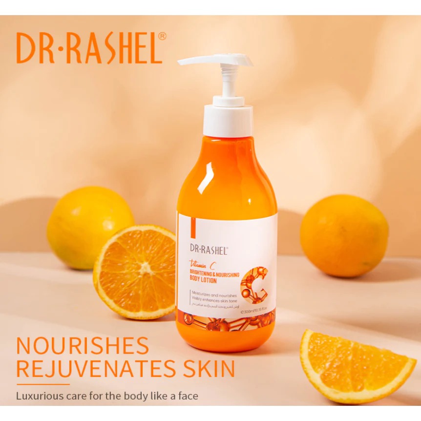 Dr. Rashel Vitamin C Nourishing Body Lotion (300ml) bottle with orange slice graphic, emphasizing its vitamin C content and moisturizing benefits. Close-up photo of a white bottle with red accents featuring Dr. Rashel Vitamin C Nourishing Body Lotion logo, highlighting its 300ml size.