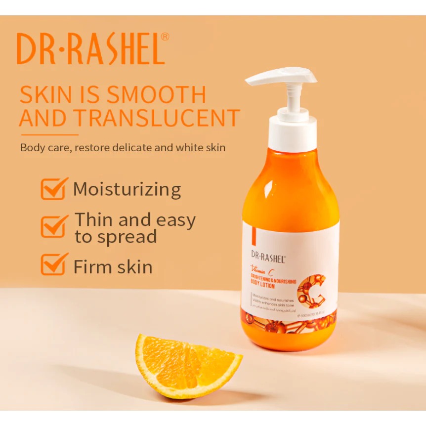 Dr. Rashel Vitamin C Nourishing Body Lotion (300ml) bottle with orange slice graphic, emphasizing its vitamin C content and moisturizing benefits. Close-up photo of a white bottle with red accents featuring Dr. Rashel Vitamin C Nourishing Body Lotion logo, highlighting its 300ml size.