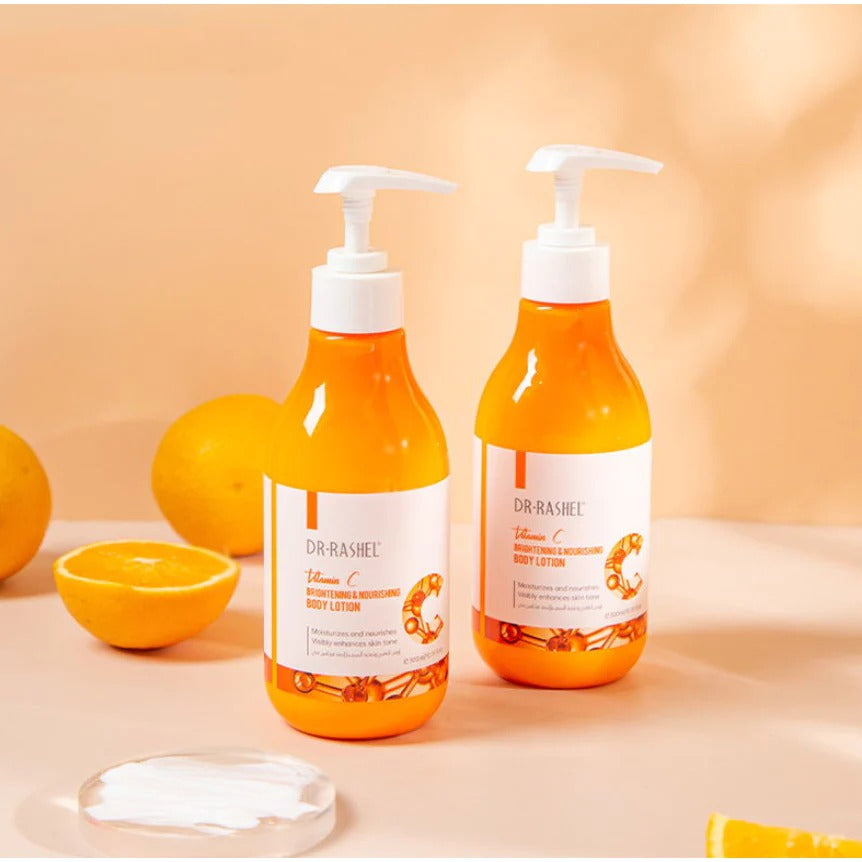 Dr. Rashel Vitamin C Nourishing Body Lotion (300ml) bottle with orange slice graphic, emphasizing its vitamin C content and moisturizing benefits. Close-up photo of a white bottle with red accents featuring Dr. Rashel Vitamin C Nourishing Body Lotion logo, highlighting its 300ml size.