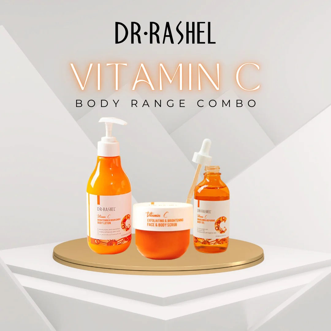 Dr. Rashel Vitamin C Nourishing Body Lotion (300ml) bottle with orange slice graphic, emphasizing its vitamin C content and moisturizing benefits. Close-up photo of a white bottle with red accents featuring Dr. Rashel Vitamin C Nourishing Body Lotion logo, highlighting its 300ml size.