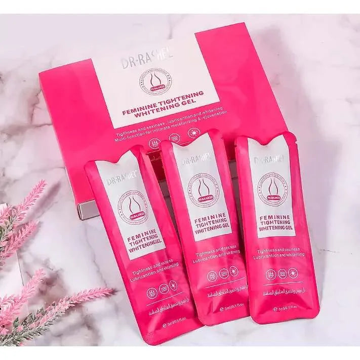 Close-up of Dr. Rashel Feminine Tightening & Whitening Gel 3ml tubes (3 pack) with pink and white accents.