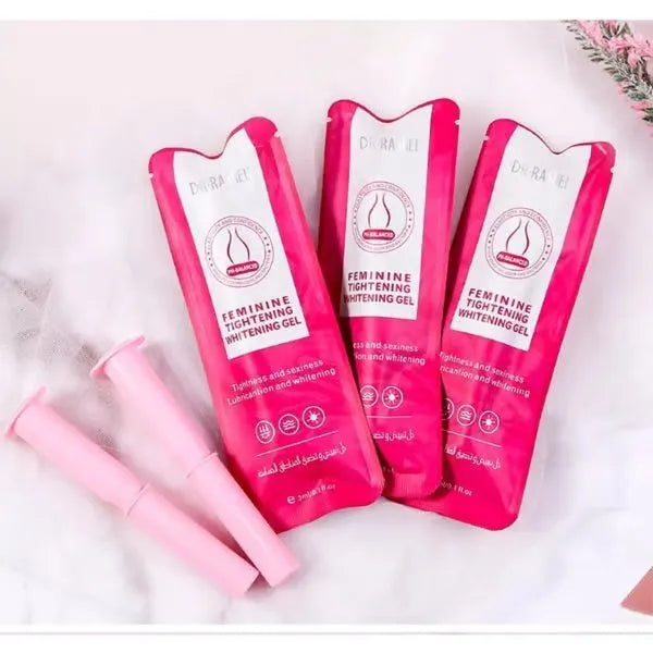 Close-up of Dr. Rashel Feminine Tightening & Whitening Gel 3ml tubes (3 pack) with pink and white accents.