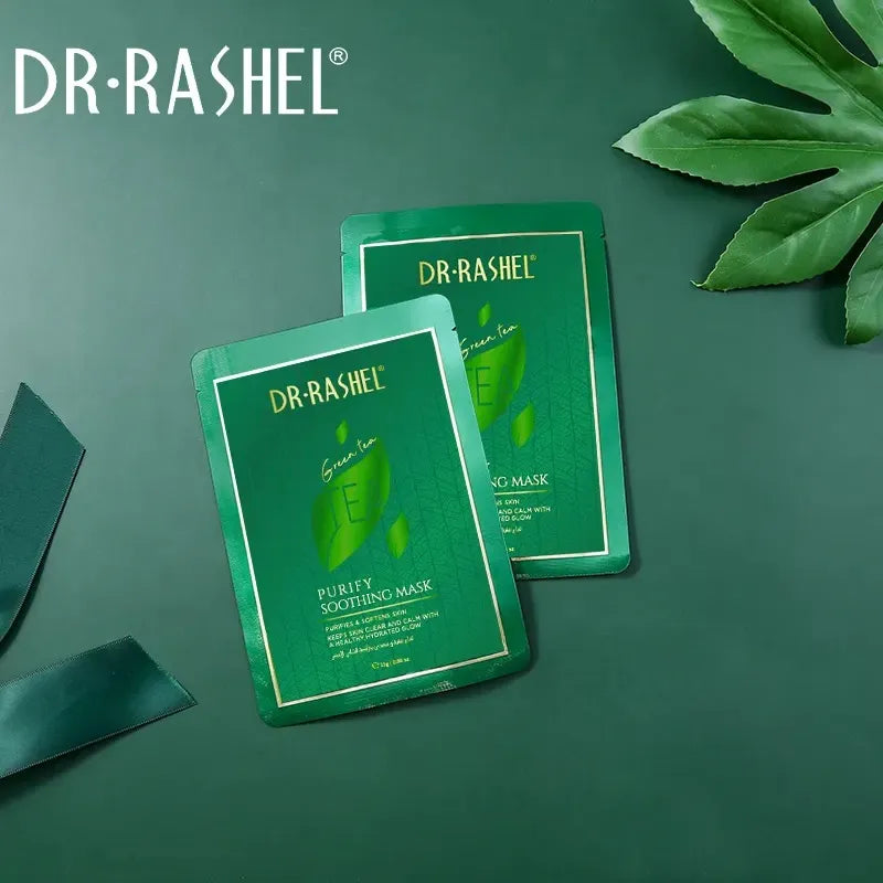 Box of Dr. Rashel Purifying Soothing Masks (5 x 25g) featuring different mask colors and benefits. Close-up view of one mask with a woman's face on it.
