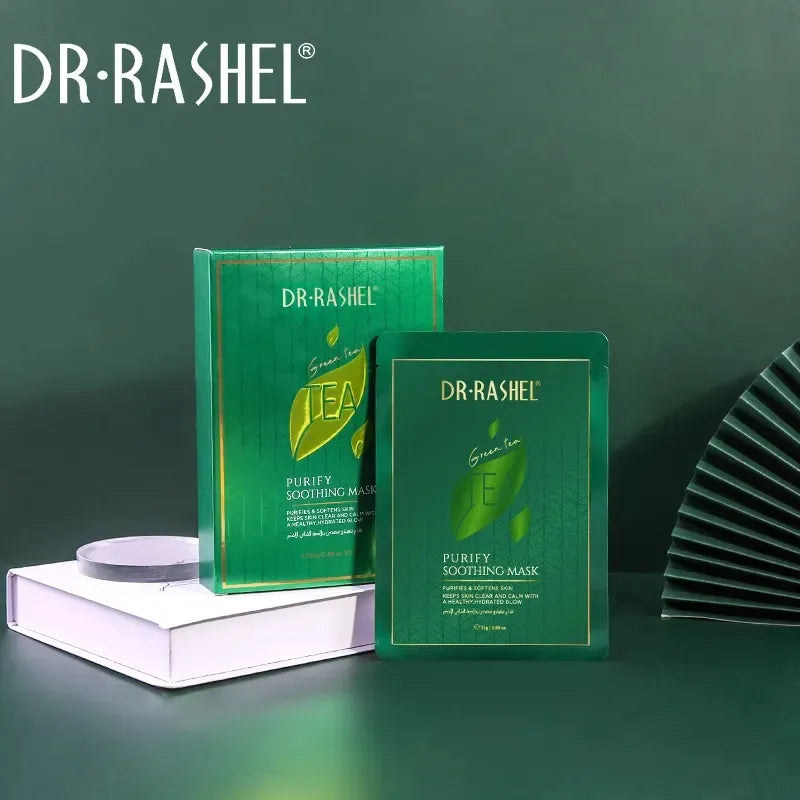 Box of Dr. Rashel Purifying Soothing Masks (5 x 25g) featuring different mask colors and benefits. Close-up view of one mask with a woman's face on it.