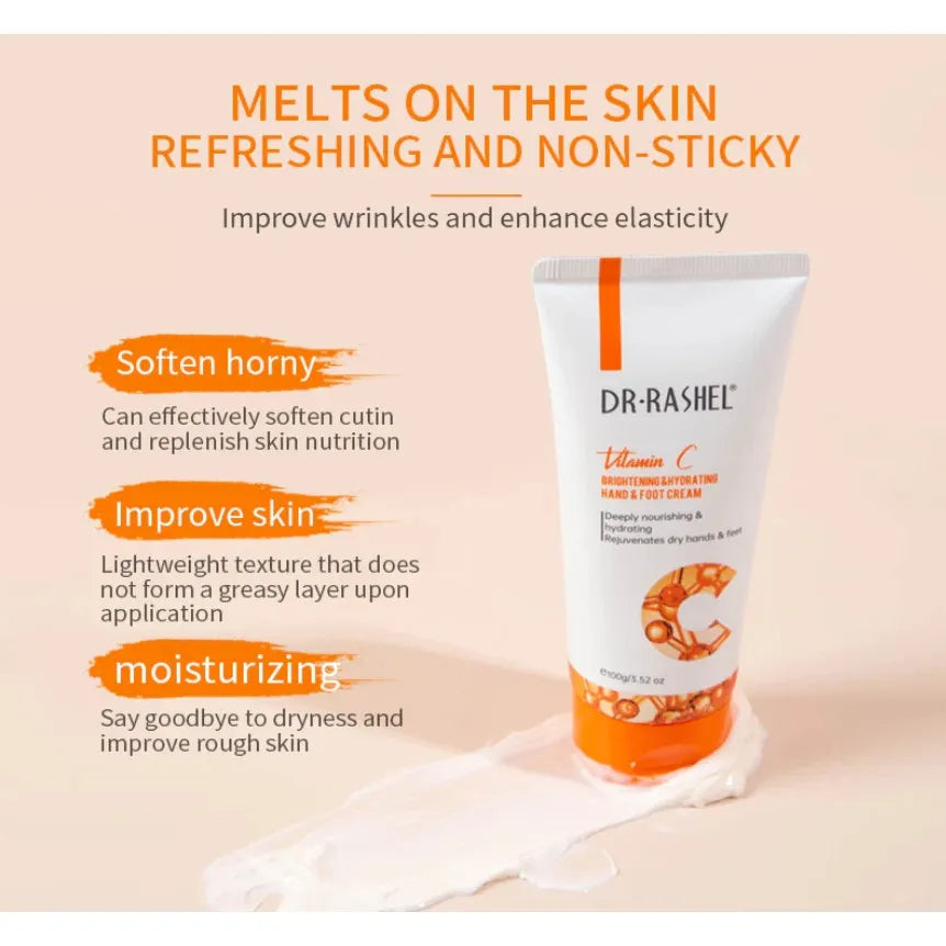 Close-up of Dr. Rashel Vitamin C Hand and Foot Cream 100g tube with orange accents and orange illustration. Cream being squeezed onto hand.