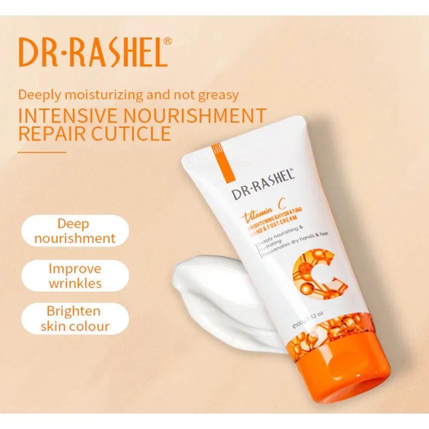 Close-up of Dr. Rashel Vitamin C Hand and Foot Cream 100g tube with orange accents and orange illustration. Cream being squeezed onto hand.