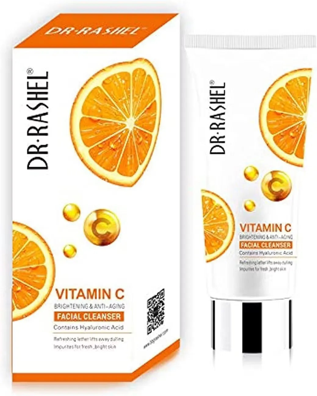 Dr. Rashel Vitamin C Facial Cleanser (80g) bottle with brightening and antioxidant benefits for a radiant complexion. Suitable for all skin types. Close-up photo of Dr. Rashel Vitamin C Facial Cleanser bottle with 80g label, featuring a pump dispenser and vibrant orange design.