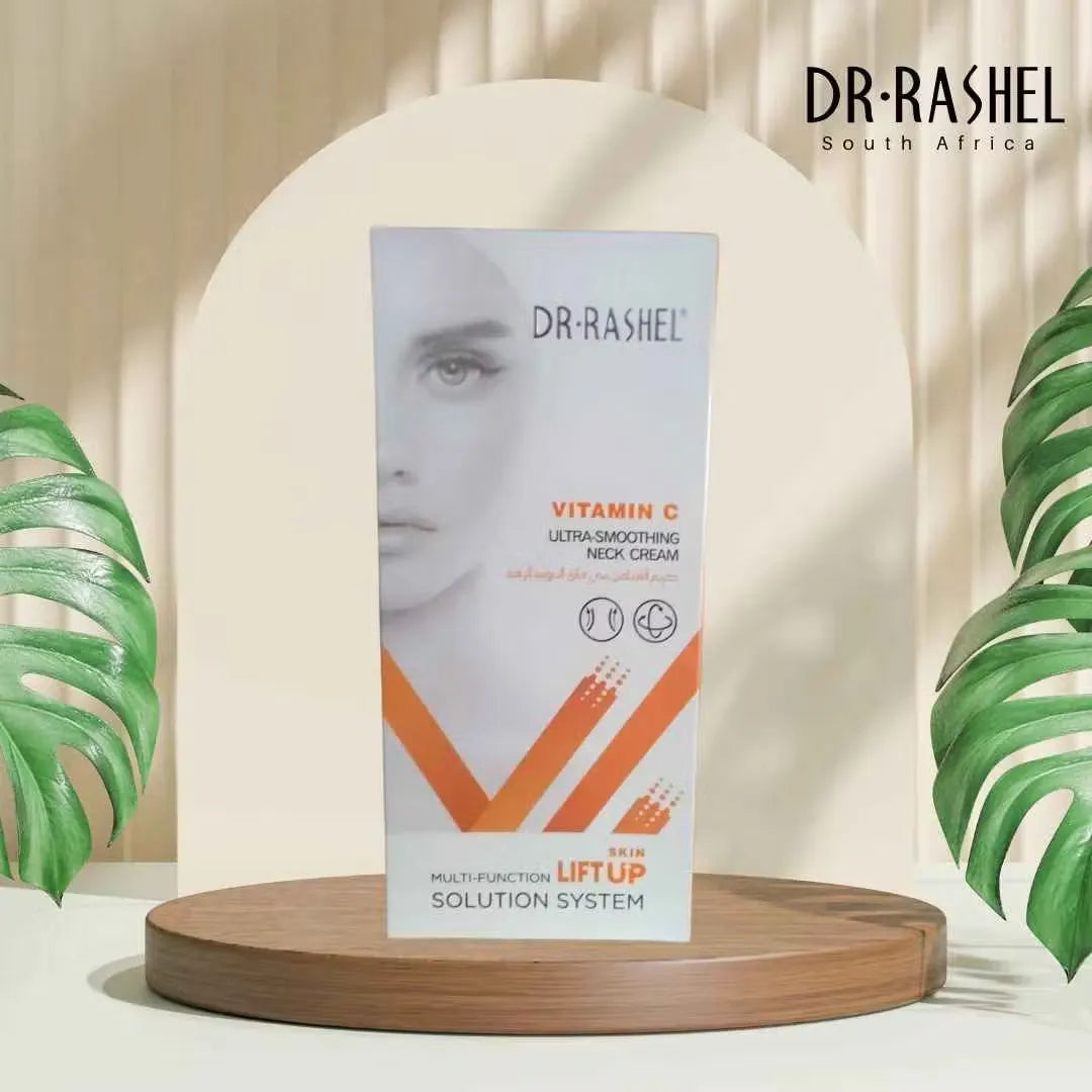 Close-up of Dr. Rashel Vitamin C Ultra-Smoothing Neck Cream 120g tube with gold accents and image of a woman with a smooth neck.