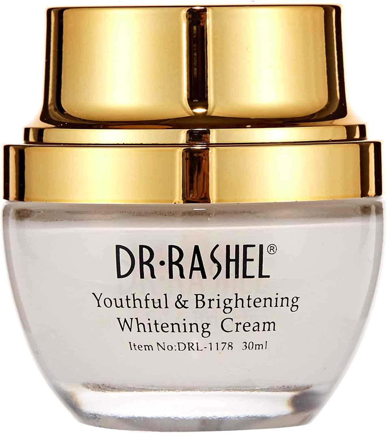 Close-up photo of a pink jar with gold accents and Dr. Rashel logo, displaying "25K Gold Collagen Whitening Cream 30ml." Luxurious cream texture with a subtle golden sheen.