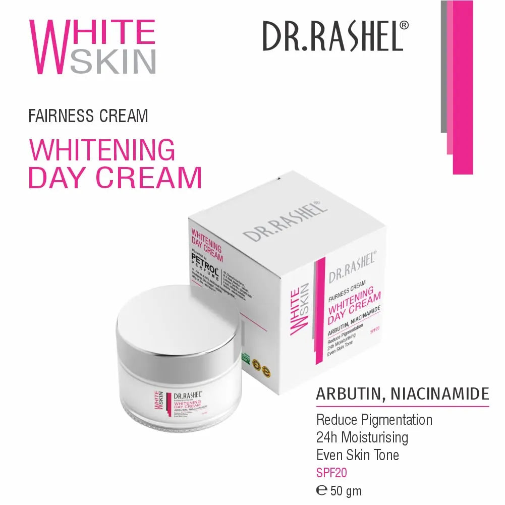 Close-up photo of Dr. Rashel Whitening Day Cream bottle (50g) with white and pink accents. Features SPF20 protection and key ingredients Arbutin and Niacinamide. Highlighted text mentions "Radiant Skin"