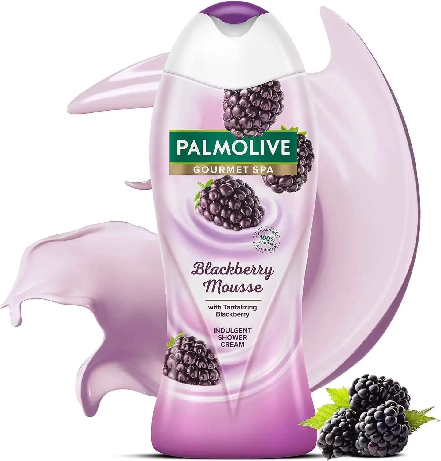 Purple bottle with silver pump dispensing rich, lathery Palmolive Blackberry Shower Gel onto a hand. Blackberries and leaves in the background.