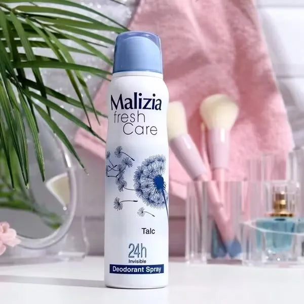 Close-up photo of a blue MALIZIA LADY DEO FRESH CARE 24H TALC 150ml spray can. Include details like the scent and any design elements on the can.
