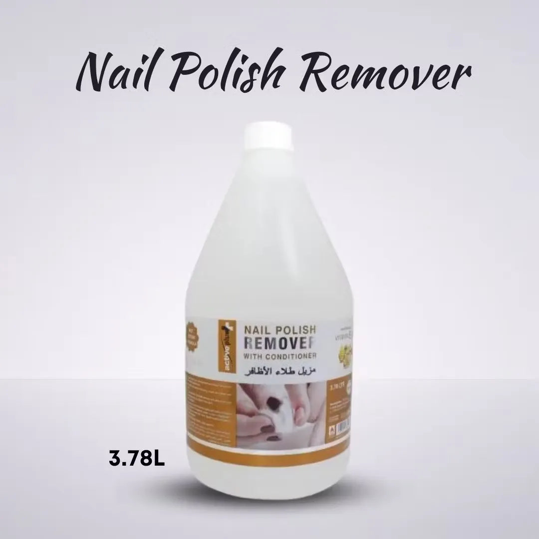 Large (3.78L) white bottle of non-acetone nail polish remover with easy-grip handle.