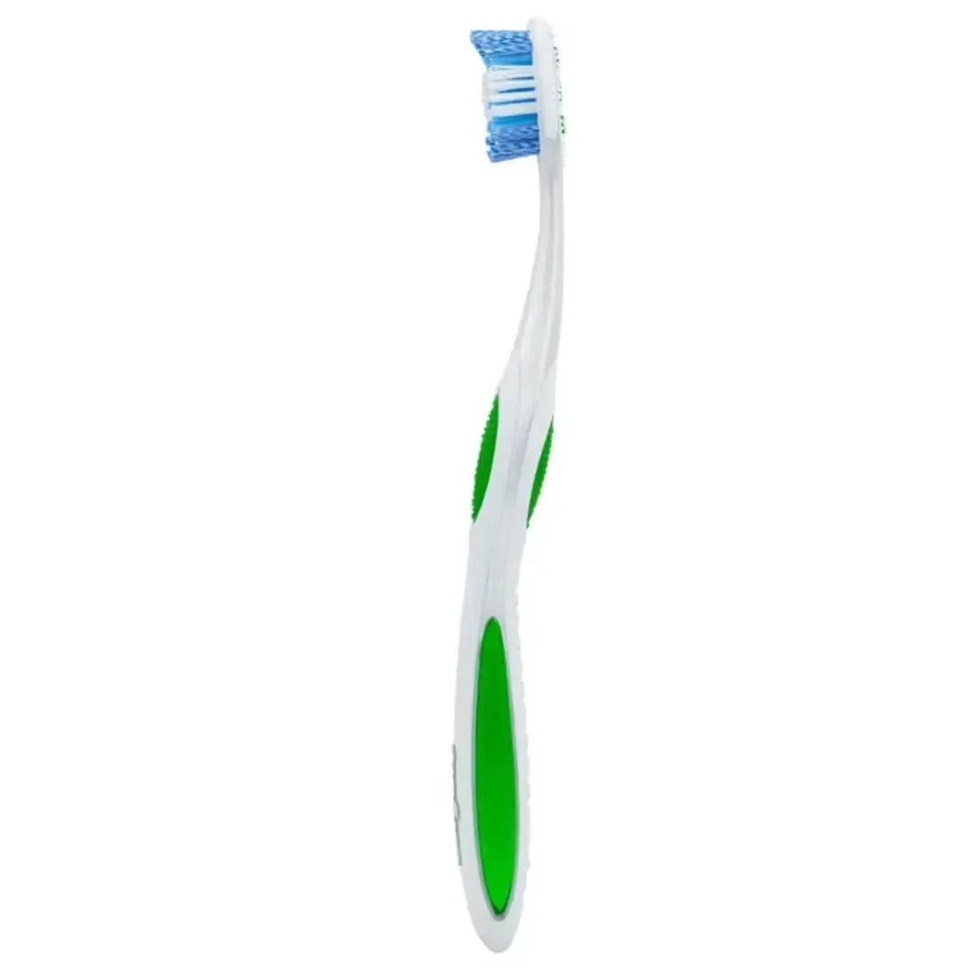 Close-up of a Colgate Optic White 360 Toothbrush in green, showing the unique bristle design.