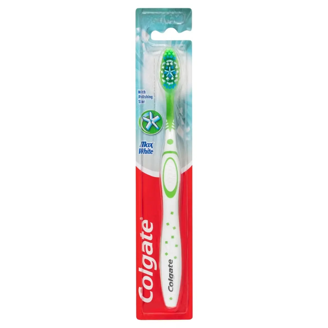 Colgate Max White toothbrush with green bristles and star-shaped polishing head.