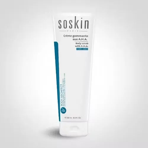 Close-up of Soskin Body Scrub 250ml bottle with blue label and pump. Blue gel texture visible through the bottle.