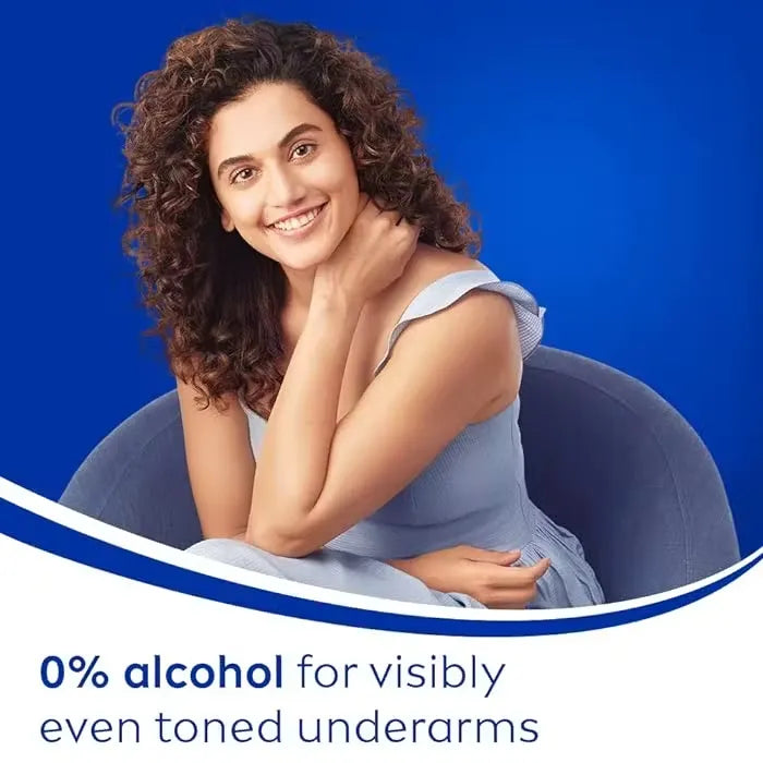 Close-up photo of Nivea Sensitive Deodorant 150ml spray can with blue accents and white background.