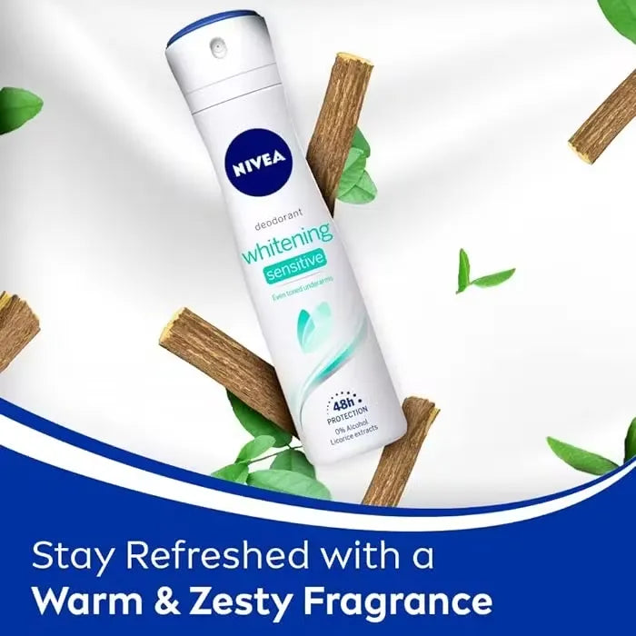 Close-up photo of Nivea Sensitive Deodorant 150ml spray can with blue accents and white background.