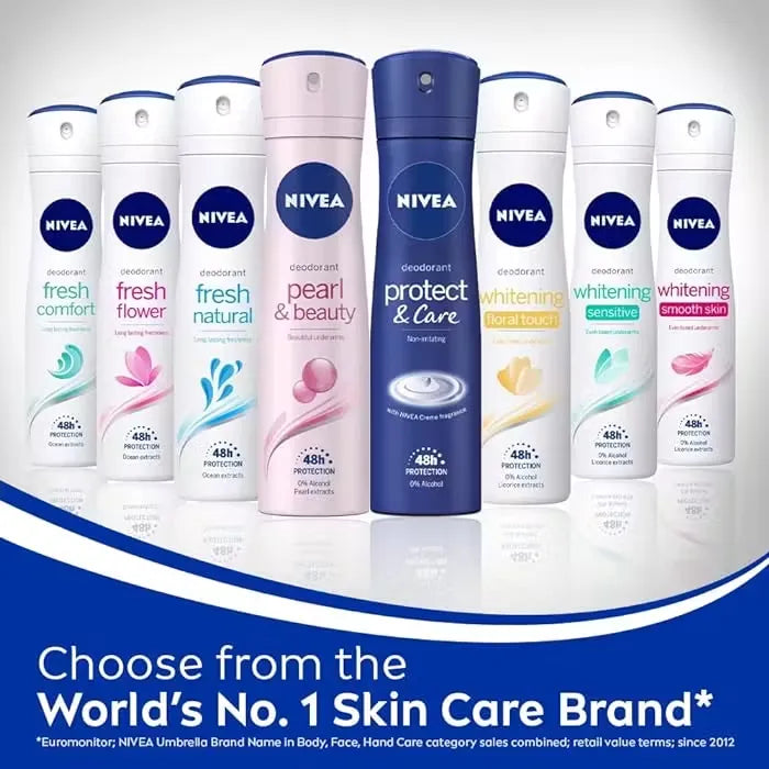 Close-up photo of Nivea Sensitive Deodorant 150ml spray can with blue accents and white background.