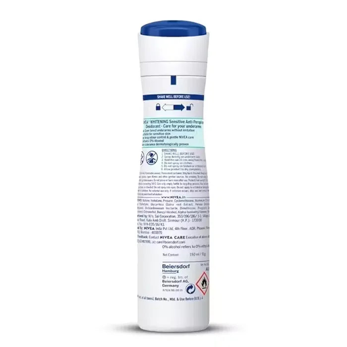 Close-up photo of Nivea Sensitive Deodorant 150ml spray can with blue accents and white background.