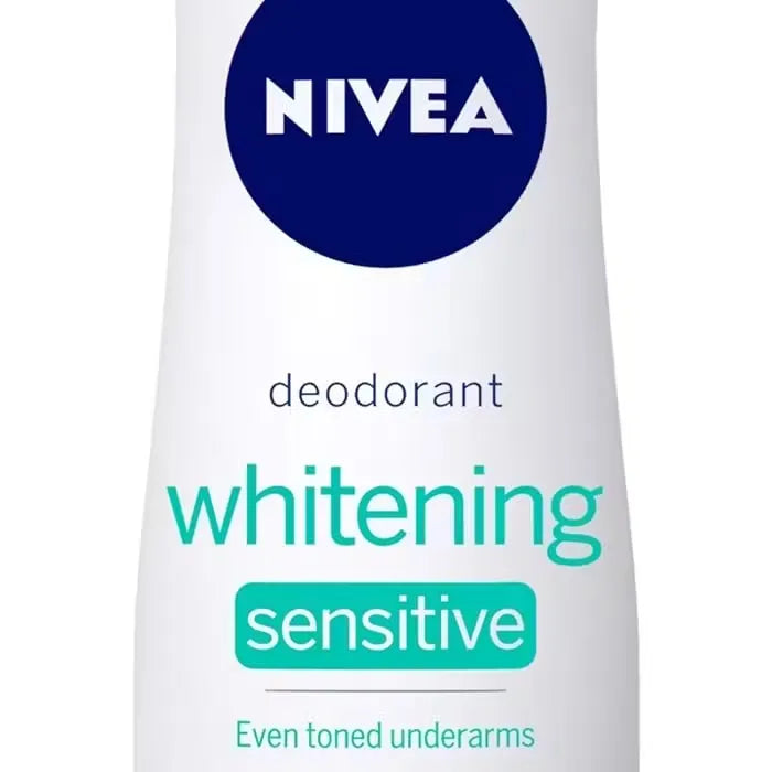 Close-up photo of Nivea Sensitive Deodorant 150ml spray can with blue accents and white background.