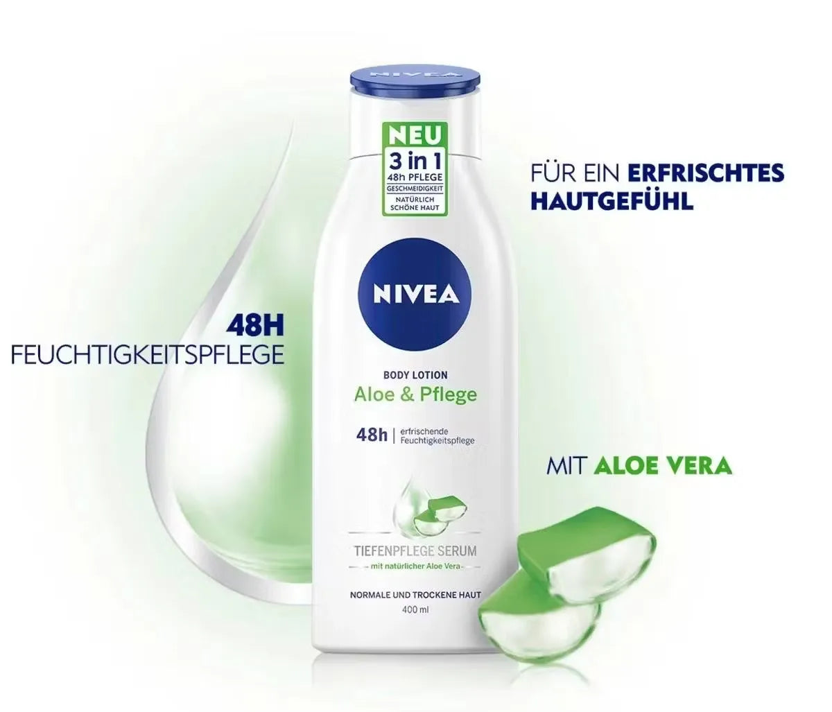 White pump bottle of Nivea Body Lotion - Aloe & Pflege (400ml) with green accents and aloe vera leaf image. Lotion being dispensed onto hand.