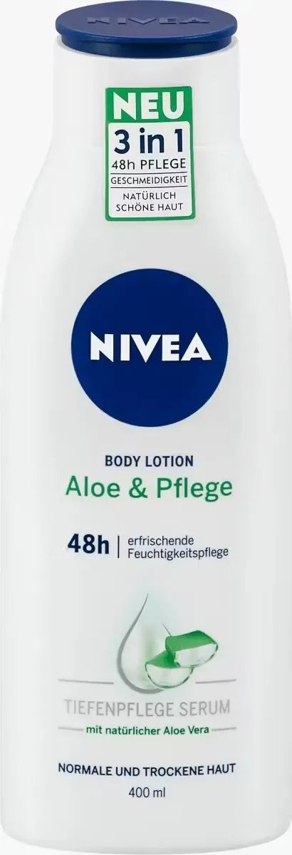 White pump bottle of Nivea Body Lotion - Aloe & Pflege (400ml) with green accents and aloe vera leaf image. Lotion being dispensed onto hand.