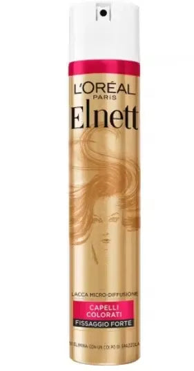 L'Oréal Paris Elnett Satin Hairspray 250ml bottle with pink and gold accents. A styled blonde hairstyle is being misted with the hairspray, showcasing hold and shine.