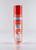 Canister of Garnier Micro-Aerated Cadonett hairspray (250ml) with a pink and silver design. A woman is using the spray to style her hair, with a focus on the flexible hold it offers.