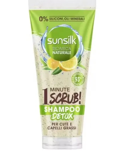 Blue bottle of Sunsilk Natural Recharge 1-Minute Scrub Detox Shampoo (200ml) with scrub particles visible. Text highlights "silicone-free" formula.