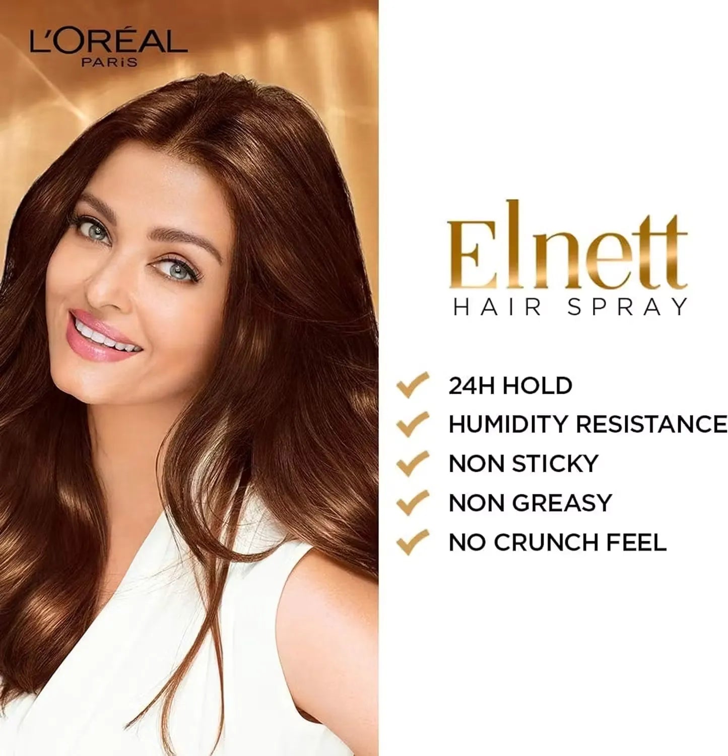 Silver can of L'Oreal Paris Elnett Micro Hairspray (250ml) with a pink nozzle and the text "Normal Hold with Precision Mist." A hand is spraying the hairspray onto styled hair.
