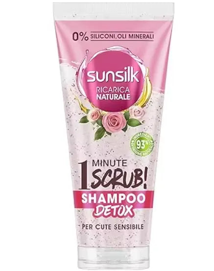 Green bottle of Sunsilk Natural Recharge Detox Shampoo (200ml or 400ml) with a clear cap, featuring green tea and lemon accents. Text highlights "0% Silicones" and "Detoxifies Scalp & Hair."