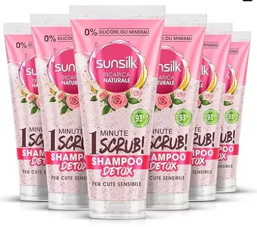 Green bottle of Sunsilk Natural Recharge Detox Shampoo (200ml or 400ml) with a clear cap, featuring green tea and lemon accents. Text highlights "0% Silicones" and "Detoxifies Scalp & Hair."