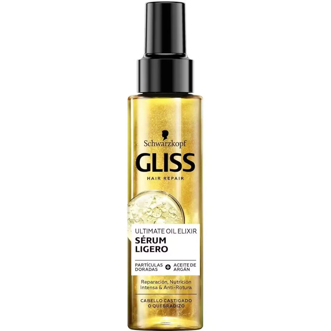 Sleek, silver bottle of Schwarzkopf Gliss Ultimate Oil Elixir (100ml) with a dropper dispensing golden oil onto a woman's healthy, shiny hair.