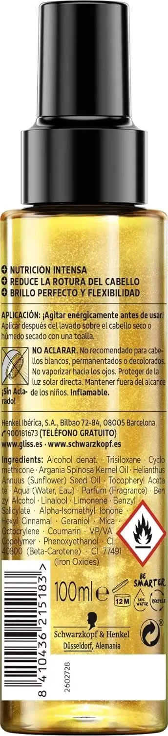 Sleek, silver bottle of Schwarzkopf Gliss Ultimate Oil Elixir (100ml) with a dropper dispensing golden oil onto a woman's healthy, shiny hair.