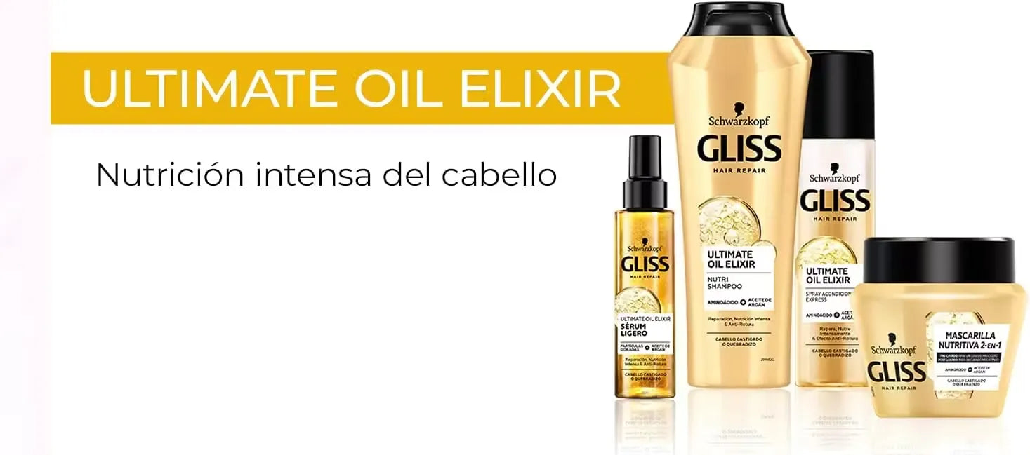 Sleek, silver bottle of Schwarzkopf Gliss Ultimate Oil Elixir (100ml) with a dropper dispensing golden oil onto a woman's healthy, shiny hair.