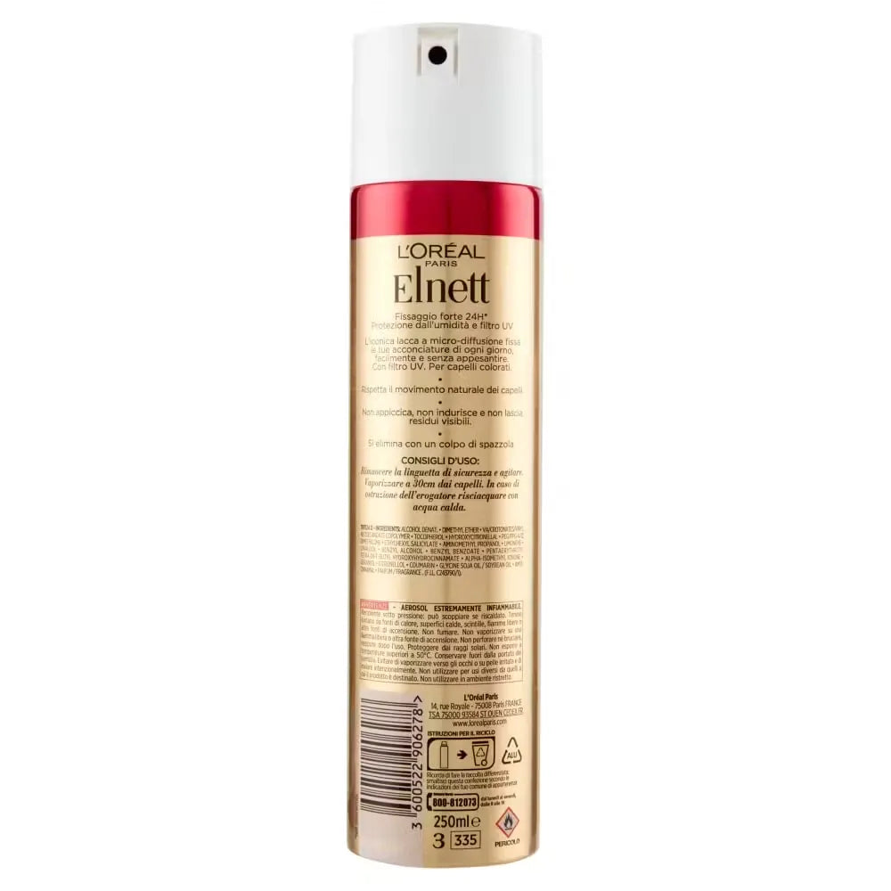 L'Oréal Paris Elnett Satin Hairspray 250ml bottle with pink and gold accents. A styled blonde hairstyle is being misted with the hairspray, showcasing hold and shine.