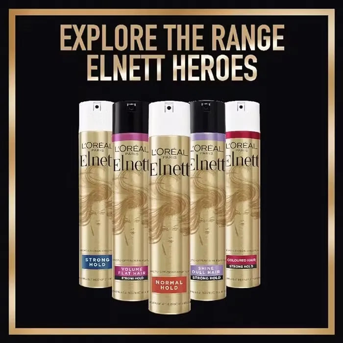 L'Oréal Paris Elnett Satin Hairspray 250ml bottle with pink and gold accents. A styled blonde hairstyle is being misted with the hairspray, showcasing hold and shine.
