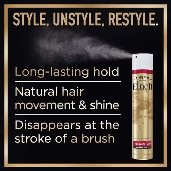 L'Oréal Paris Elnett Satin Hairspray 250ml bottle with pink and gold accents. A styled blonde hairstyle is being misted with the hairspray, showcasing hold and shine.