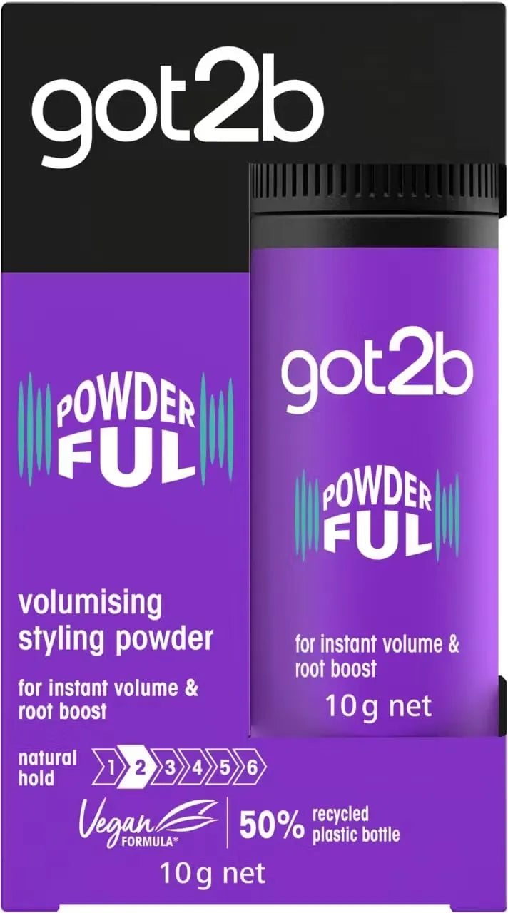Close-up of a small black Schwarzkopf got2b Powerful Volumising Styling Powder container with sprinkle top.